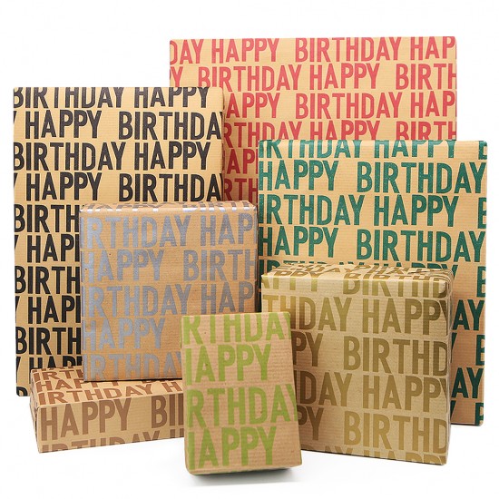 HAPPY BIRTHDAY WRAPPING PAPER feature classy "Happy Birthday" lettering design with plain brown kraft paper on the reverse available in 7 different trendy colors