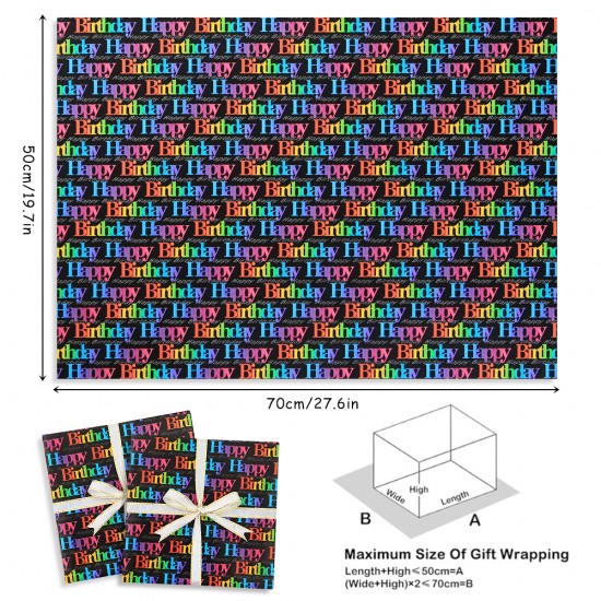Special Birthday Design: This wrapping paper set comes with one beautiful design-"Happy Birthday" letters in gradient color printed on black art paper, which definitely brings you a strong visual impact and impressed you.